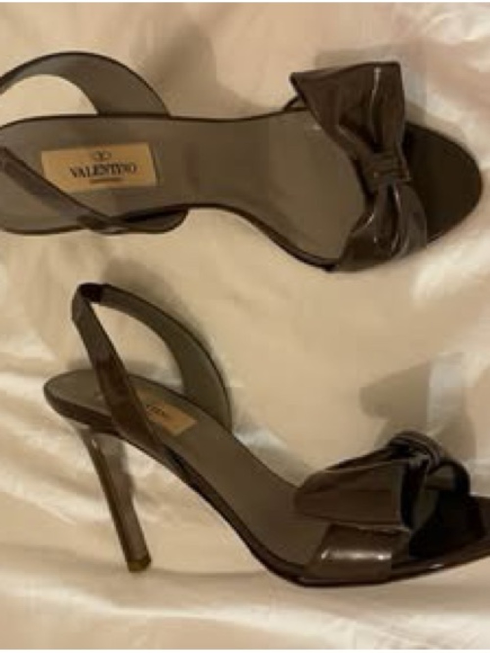 Valentino Dark Brown Patent Slingback Heels with Bow Accent